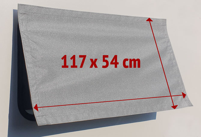 Fensterabdeckung silber mit Größenangabe: 117x54 cm